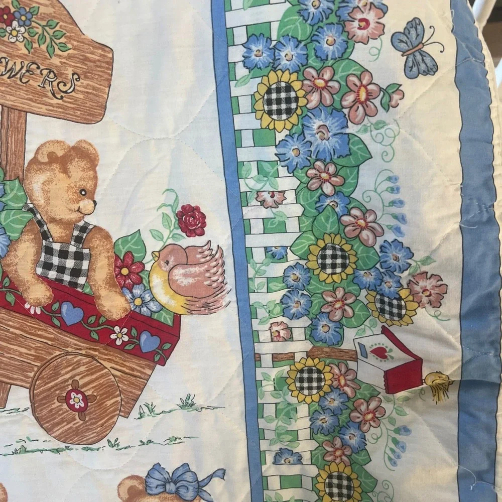 Vintage Teddy Bear Garden Quilted Baby Blanket Floral Picket Fence Nursery Blue